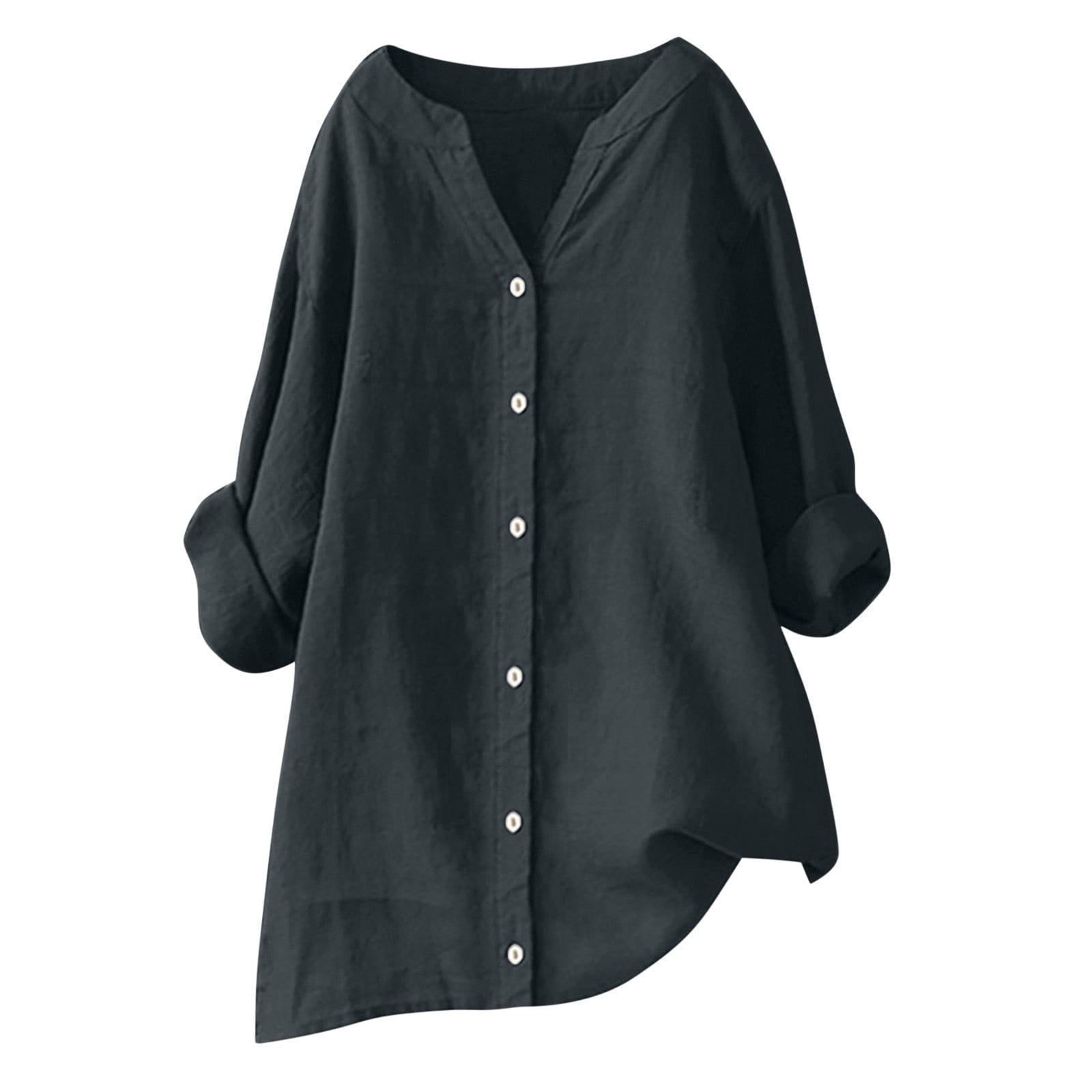 AherBiu Plus Size Tops for Women Cotton Linen Button down Shirts Causal Long Sleeve Fall Loose Fitting Blouses