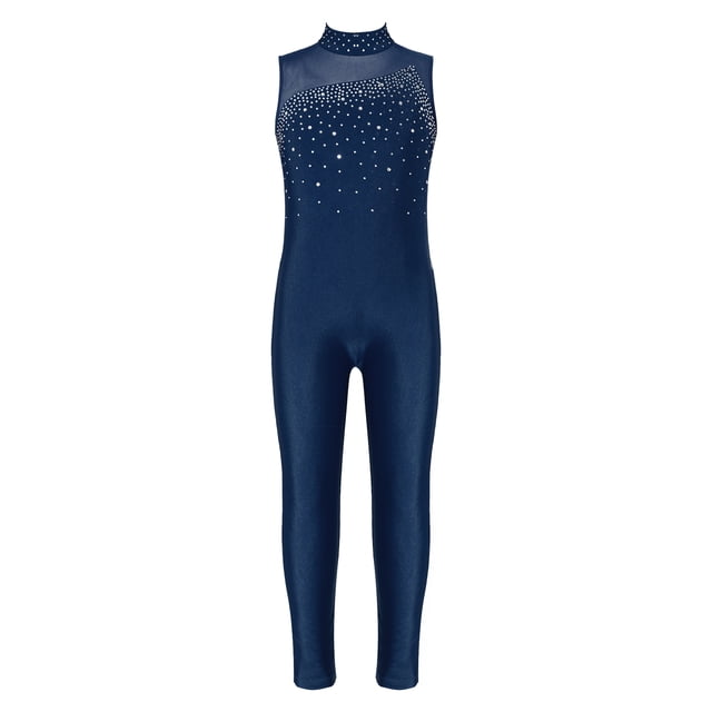 Jizyo Kids Girls Dance Unitard Sleeveless Full Body Jumpsuit Rhinestone Rompers One Piece Ballet Dance Leotard Navy Blue 16
