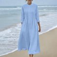 thumbnail image 1 of Robes Maxi en Coton et Lin pour Femmes, Robe Tunique à Boutons Col Ras du Cou Manches Longues Plissée Ligne a Fluide Longues Robes Midi Robes d'Été Bleu TTG, 1 of 9