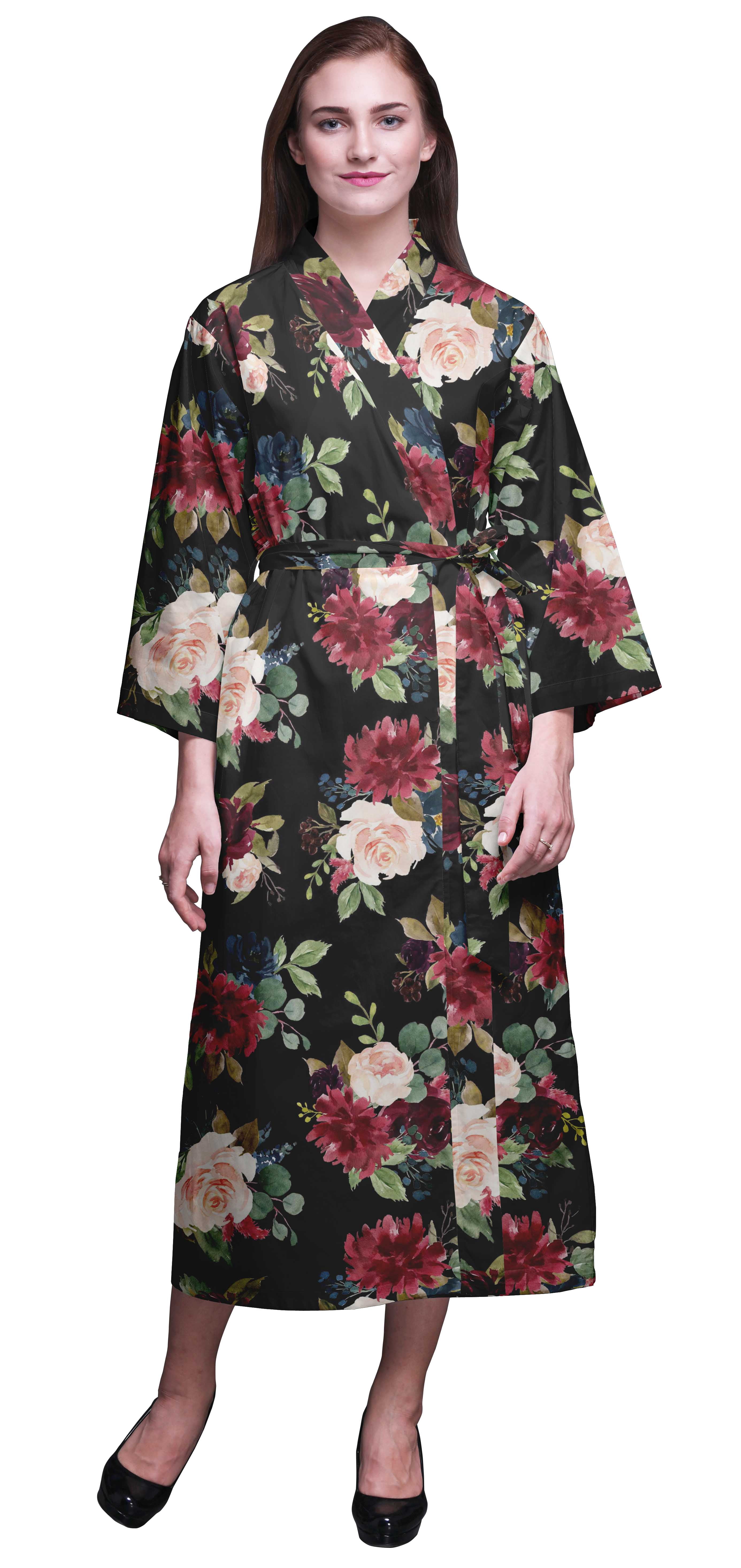 Bimba Black Floral Leaves & Peony Bathrobes For Women Wrap Printed Bride Getting Ready Dress Robe For Girls X
