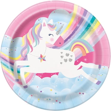 Assiettes en carton rondes Unique's Licorne Arc-en-ciel Rose 7 pouces, paquet de 8