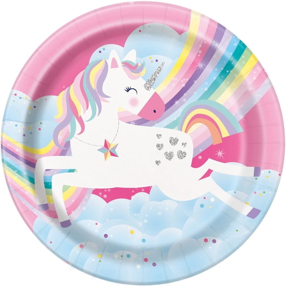 Unique's Pink Rainbow Unicorn 7" Round Paper Plates, 8ct