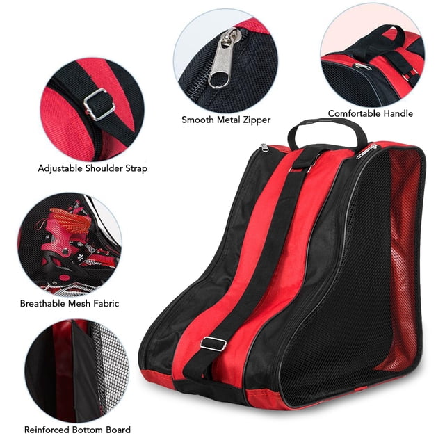 3 Layers Breathable Skate Carry Bag Case for Roller Skates, Inline Skates, and Ice Skates in a red and black design. Features three compartments, including two side compartments with breathable mesh fabric for skates and a middle compartment for protective pads and accessories. Made from durable abrasion-resistant oxford fabric with a reinforced bottom board. Includes an adjustable shoulder strap and a comfortable handle for convenient carrying.
