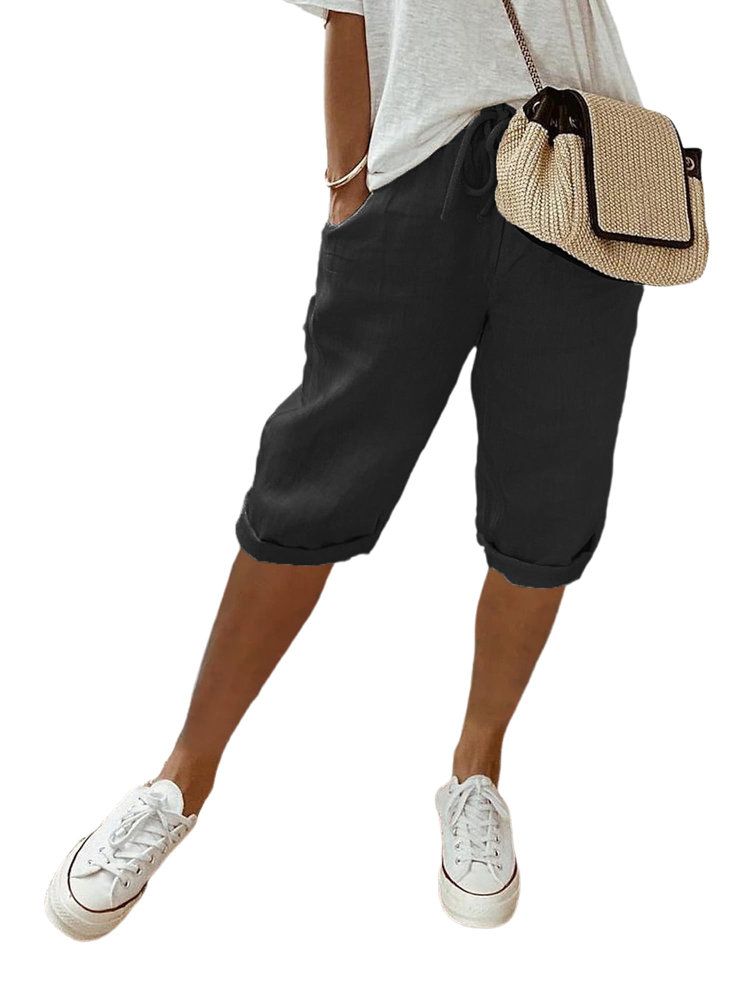 Fashnice Bermudas Taille Haute pour Femmes avec Cordon de Serrage et Poches, Noir, 2TG