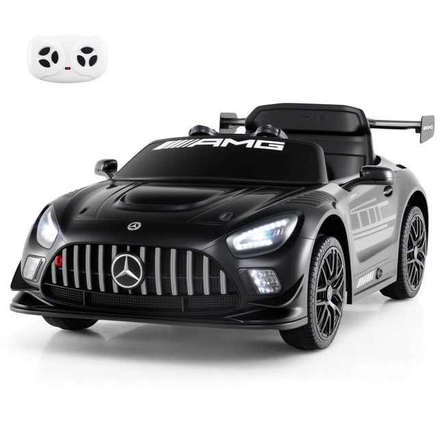 Costway Ride on Car Licensed Mercedes-AMG GT3 Kids Car with Remote Control in black, designed for outdoor play. Features bright LED headlights, a sleek spoiler, and detailed grille design. Includes a parent remote control, adjustable 3-point safety belt, lockable doors, and premium wheels for smooth rides on various surfaces. Powered by a 12V battery and dual 35W motors, suitable for children aged 3 and above.
