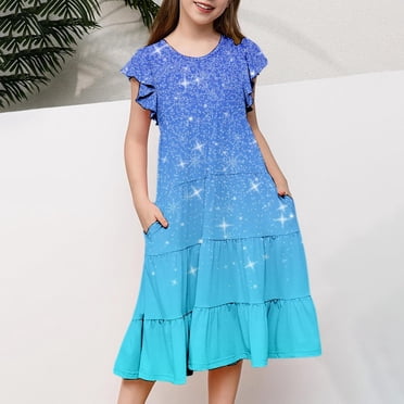 Robes pour Filles Décontractées à Dégradé, Manches à Volants, Col Rond, Robe Trapèze à Étages pour Usage Quotidien en Plein Air 6-15 Ans
