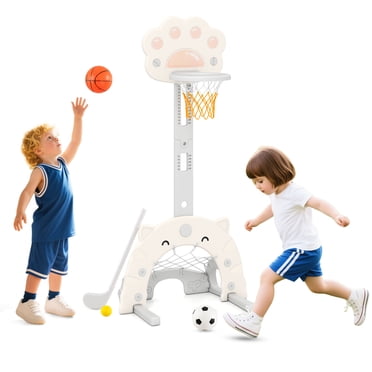 Gymax Panier de Basketball 3 en 1 pour Enfants avec Jeu de Basketball, Soccer et Golf, Hauteur Ajustable, Gris