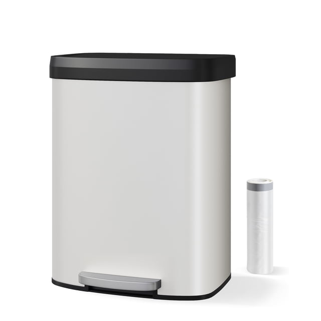 60L / 16 Gallon Stainless Steel Step Trash Can - Soft-Close Plastic Lid, Bag Holder Rim, Rustproof Metal Kitchen Garbage Bin with Pedal, Rear Handle, Large Capacity for Home or Office, White