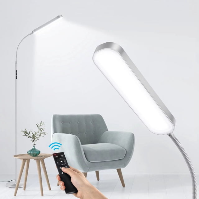 Outon Lampe sur Pied à DEL avec Télécommande et Commande Tactile, Lumière de Lecture Réglable avec 4 Températures de Couleur pour Salon, Argent (Gris)