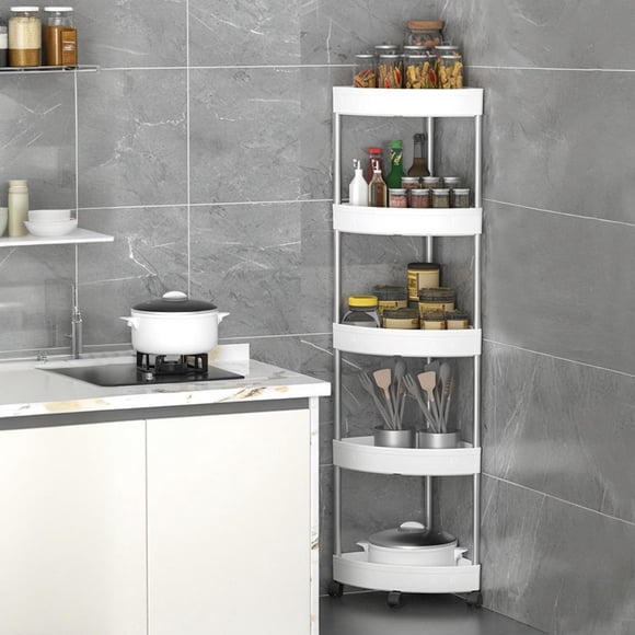 Plastic Bathroom Corner Shelf 5 Tier Rolling Utility Cart With Detachable Wheels And Drainage Holes Slim Tower Organizer For Toiletries Storage In Small Spaces Home Kitchen Laundry