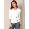 thumbnail image 3 of INSPIRE CHIC Women's Button Decor V Neck 3/4 Sleeve Solid Blouse Knitted Ruched Top, 3 of 6