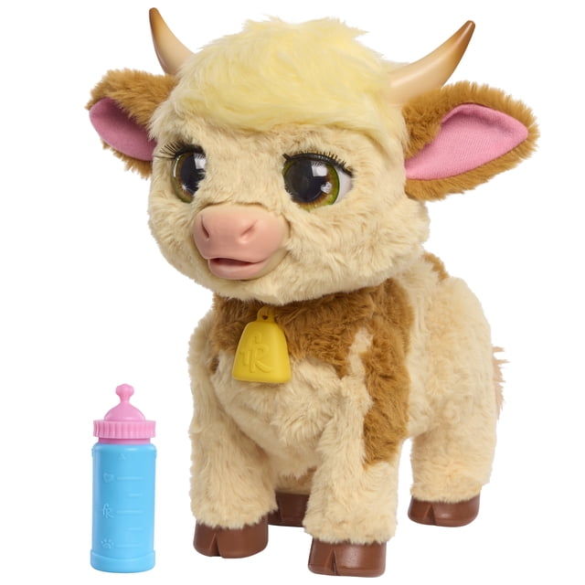 furReal Maggie la Vache interactive à Nourrir et à Suivre, Peluche de 11 Pouces de Hauteur, avec une Fourrure Douce beige et Brune, Col Cloche Jaune, Grands Yeux Verts et Bruns, Touffe de Poils Crème, et Sabots Bruns, Montrée avec une Bouteille Jouet Bleue et Rose pour l'Alimentation et le Jeu Interactif.