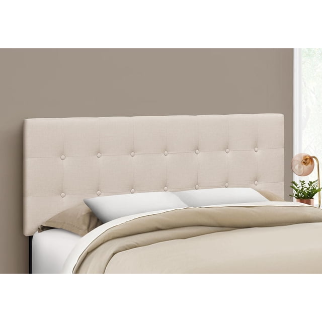Monarch Specialties Bed, Headboard Only, Queen Size, upholstered beige linen-look fabric headboard with button tufting and padded rectangular panels, measuring 63 by 47.5 inches, mounted behind a queen bed with beige and white bedding in a neutral bedroom setting.