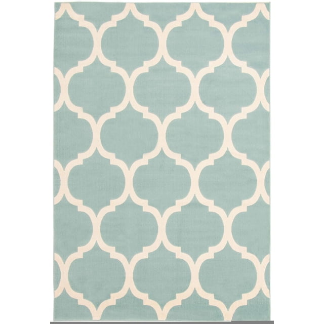 ECARPET Modern Area Rug for Dining Room, Living Room, Bedroom or Den Arbour Aqua with a white geometric Moroccan trellis pattern on an aqua background, made from ultra-soft yarn for durability and comfort, ideal for indoor high-traffic and pet-friendly spaces, also suitable as a decorative accent rug.