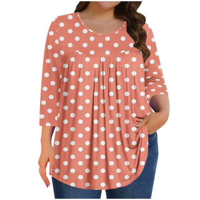 hotojiny Hauts Grande Taille pour Femmes Décontractés Manches 3/4 Encolure Dégagée Chemise Douce Mignonne à Pois Plissée Ourlet Arrondi Tuniques T-Shirts