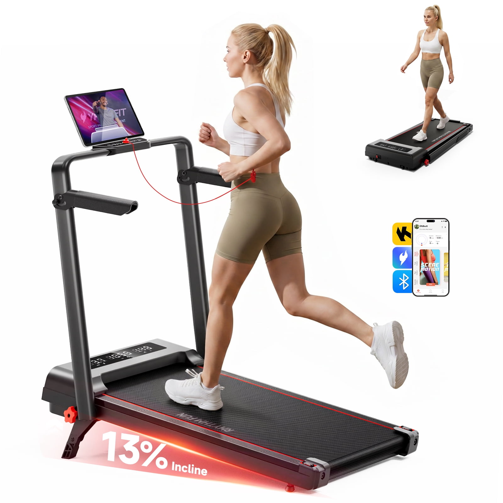 RHYTHM FUN Walking Pad with Incline, Foldable Walking Pad Treadmill with Handle, LED Display & APP Control for Home & Office