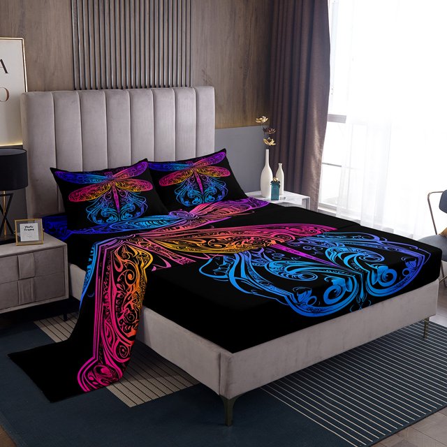 Erosebridal Hippie Dragonfly Bed Sheets Queen, Colorful Gradient Animal Bedding Queen Size 4pcs