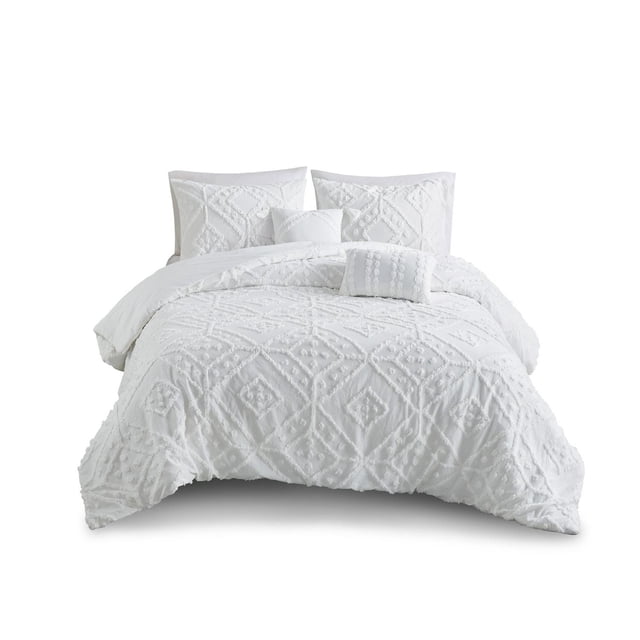 Home Trends 5pc Comforter Set with all-white diamond chenille tufted cotton-rich comforter, matching shams, and decorative cushions, designed for bedding use and easy machine care, displayed front-facing on a bed with a white background.