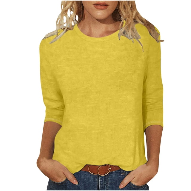 Admvng Blouses pour Femmes Chic Décontracté Col Rond Manches 3/4 T-shirt Ample Basique Hauts pour Femmes P-2TG