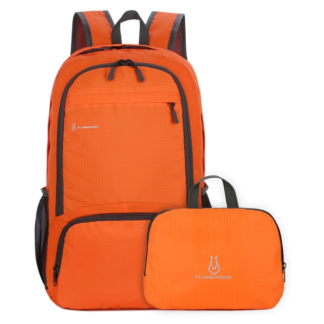 Lightweight Foldable Backpack Men Women Waterproof Packable Backpack Travel Hiking Daypack in bright orange color. Made of ripstop nylon fabric, it features a spacious main compartment with a laptop pocket, three zippered front pockets, and two mesh side pockets for water bottles or umbrellas. The backpack is foldable into a compact size for easy storage, shown alongside its folded form. Adjustable, breathable mesh shoulder straps ensure a comfortable fit, making it ideal for hiking, camping, cycling, and travel.