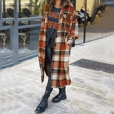 Mikilon Femmes Plaid Long Laine Mélange Manteau Shacket Vestes Manches Longues Boutonnées Casual Boyfriend Flanelle Chemises