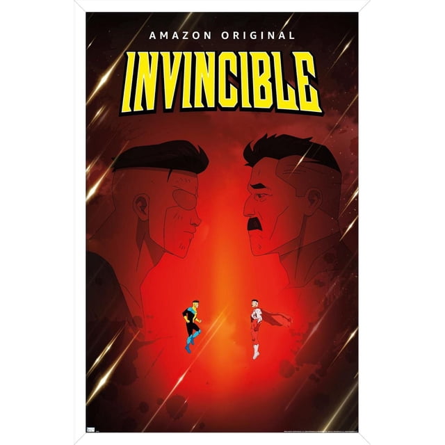 Invincible - Affiche Murale Père et Fils sur une Feuille, 22,375 Pouces x 34 Pouces avec un Arrière-Plan Dégradé Rouge Présentant Deux Grands Profils Latéraux de Personnages Masculins Se Affrontant. En Dessous, Deux Plus Petits Superhéros Animés Flottent en l'Air en Se Affrontant, l'Un en Costume Bleu et Noir et l'Autre en Costume Rouge et Blanc avec une cape. l'Affiche Comprend un Texte « Amazon Original » au-Dessus du Titre Audacieux Jaune « Invincible