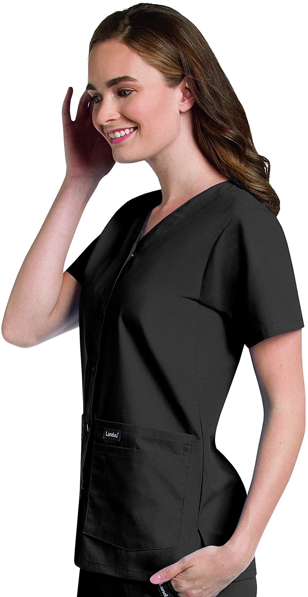 Landau Essentials Women's Snap Front Scrub Top, Classic Relaxed Fit, V-Neck, 4 Pockets