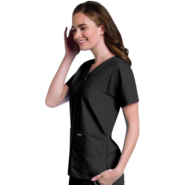 Landau Essentials Haut d'Uniforme à Boutons-Pression pour Femme, Coupe Classique Décontractée, Col en V, 4 Poches