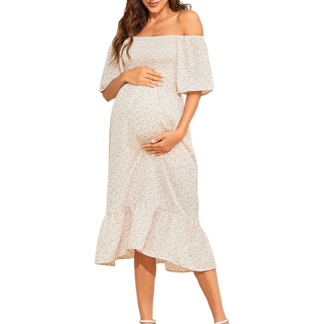 MEZZALL Robe Femme Florale à Encolure Carrée Robes Midi Robe de Maternité Enceinte Décontractée Robe Trapèze Longue Fluide à Smocks Confort Tenue Quotidienne L