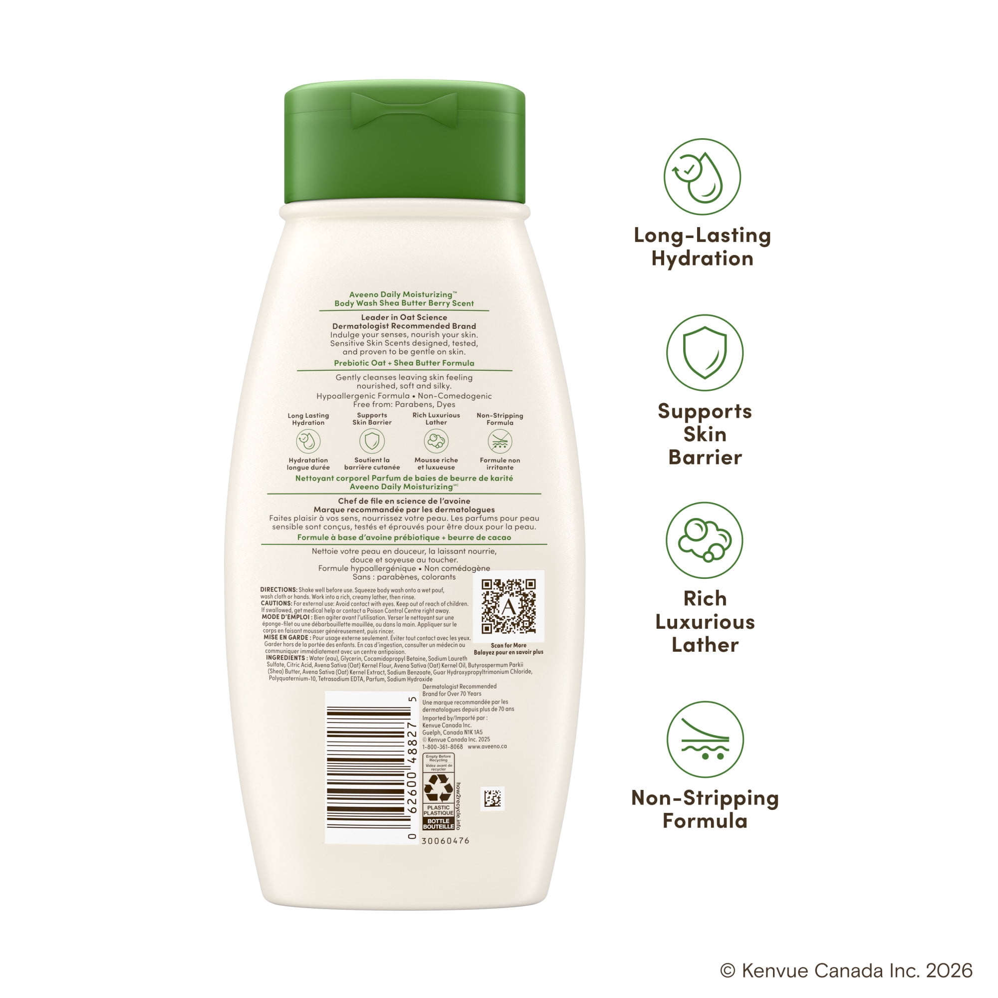 Aveeno Daily Moisturizing Body Wash Shea Butter Berry Scent & Soothing Prebiotic Oat, Provides Long-Lasting Hydration for Sensitive Skin, Hypoallergenic, Paraben-Free, 532 mL