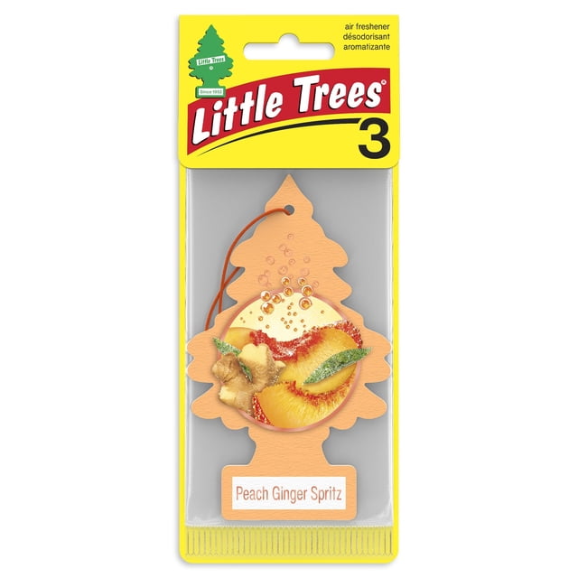 LITTLE TREES Assainisseur d'Air Pêche Gingembre Vaporisateur Lot de 3 Présentant un Assainisseur d'Air pour Voiture en Forme d'Arbre de Couleur Pêche avec une image de Tranches de Pêche, de Racine de Gingembre et de Feuilles Vertes à l'Avant, Conçu pour un Parfum Longue Durée, Emballé sur une Carte de Marque Jaune et Rouge avec un Trou de Suspension.