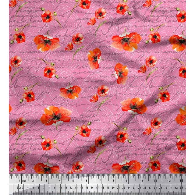Soimoi Pink polyester Crepe Fabric Text & Poppy Floral Fabric Prints By Yard 52 Inch Wide