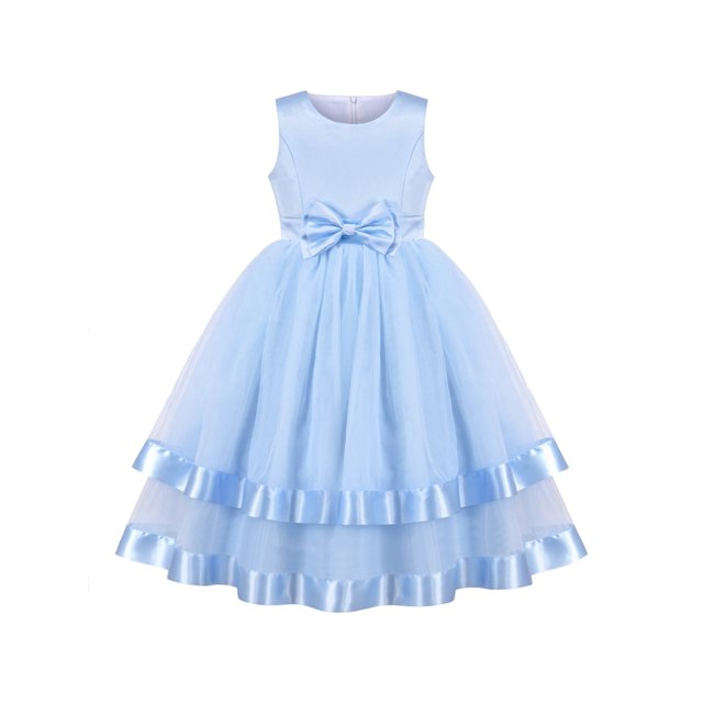 Robe Fille Bleue Nœud Papillon Fête Concours Robe de Bal Mariage Princesse 6 Ans