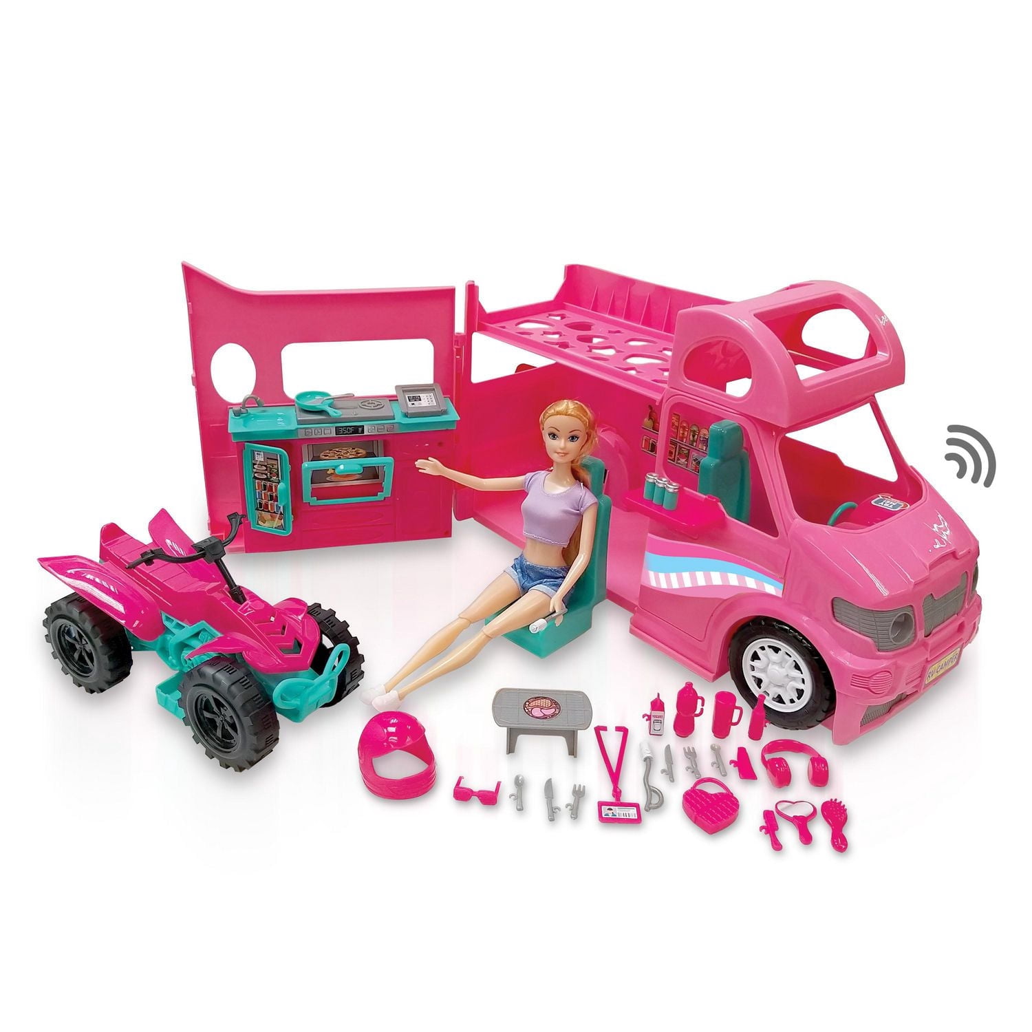 Kid Connection Ensemble De Jeu Autocaravane VR Avec Jeu De Poupée 11.5", 31 Pièces, Son Et Lumière