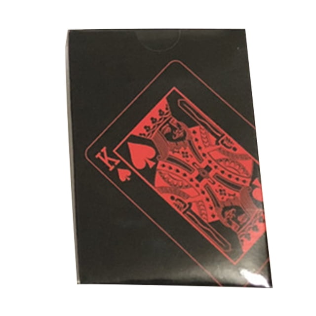 54pcs/set waterproof playing cards made of durable PVC material, featuring a smooth surface and abrasion resistance. The set includes 54 standard-sized cards measuring 63x88mm, packaged in a black paper box with a red King of Spades design on the front. Suitable for poker, casino games, and party entertainment in game rooms.