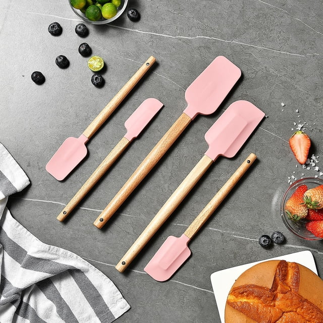 Silicone Spatula Set 5-Piece with Wooden Handles • Heat Resistant Non-Stick Scraper Set for Baking Cooking Mixing • DishwasherKitchen Utensils