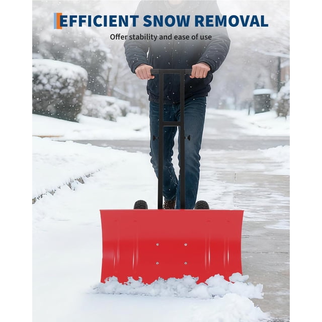 COZONY Pelle à Neige Robuste avec Roues, Lame en Métal 29 Pouces L x 16 Pouces H, Manche à Angle et Hauteur Réglables, Pousse-Neige à Roues pour Entrée, Trottoir, Cour, Plaque de Pelle Rouge + Poteau Noir + Rebord Rouge