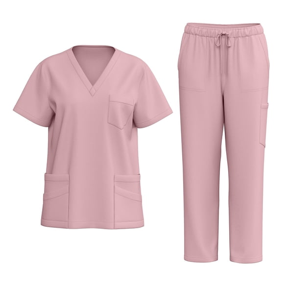 Ktyne Womens Scrubs Sets M Stretchy Nurse Uniform Short Sleeve V-Neck Scrub Top & Jogger Pant Solid Color Scrubs Sets with Multi Pocket Pink M