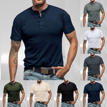 Txeol Soldes des Fêtes T-Shirts Henley Décontractés pour Homme Chemises Classiques à Boutons Coton T-Shirt à Manches Courtes Été Basique Uni Léger T-Shirts Hauts, Beige, TG