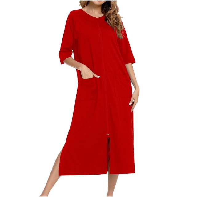 HAiming Manteau de Maison pour Femmes à Manches Courtes et Col Ras du Cou, avec Fermeture Éclair à l'Avant et Coupe Longueur Genou. Ce Vêtement de Détente Léger et Ample Est Présenté dans une Couleur Rouge Vif avec Deux Poches avant. Convient comme Pyjama Ou Peignoir Décontracté.