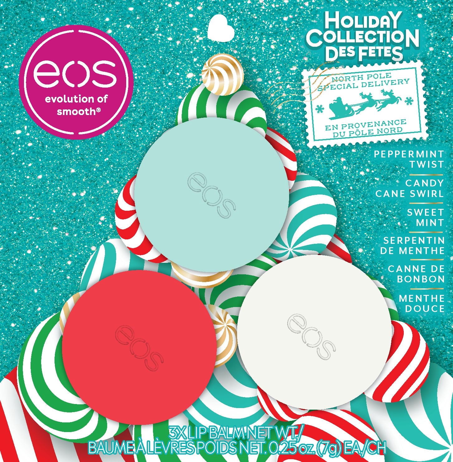eos Holiday Collection Candy Cane Swirl, Peppermint Twist, Sweet Mint, Lip Balm Spheres, 21g