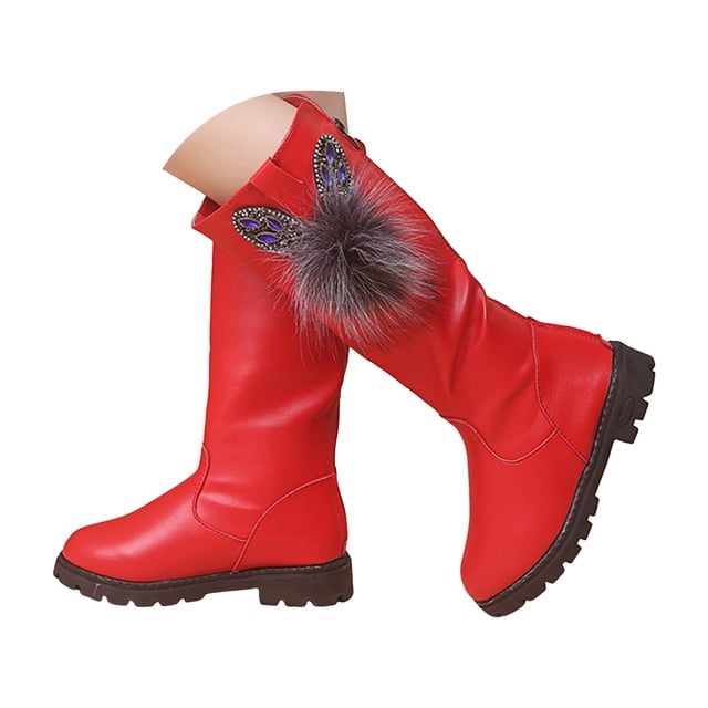 Dakaela Girls Knee High Boots Leather Zipper Bowknot Winter Shoes Low Chunky Heel Combat Riding Boot 3-12Y