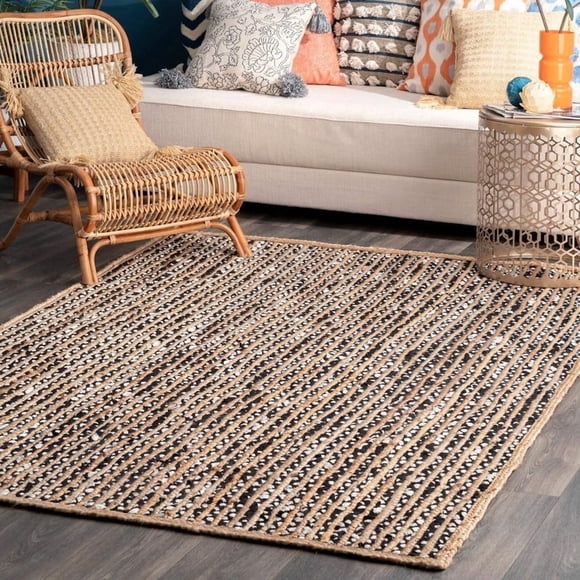 Aizza Trends 10x14 Ft Black White & Natural Jute Area Rug, Boho Chic Natural Jute Area Rug - Hand-Braided, Rustic Farmhouse Decor for Living Room Carpet,