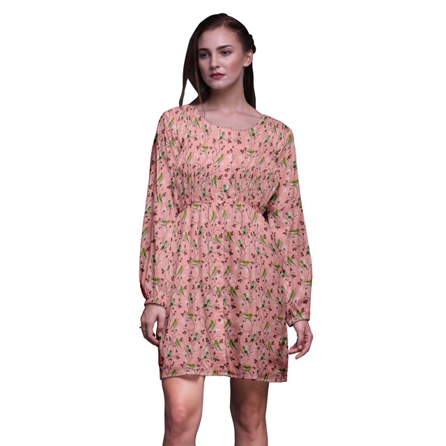Bimba Robe Midi à Manches Longues pour Femmes, Coupe Décontractée, Imprimée de Feuilles Orange et d'Oiseau Flowerpecker - Medium