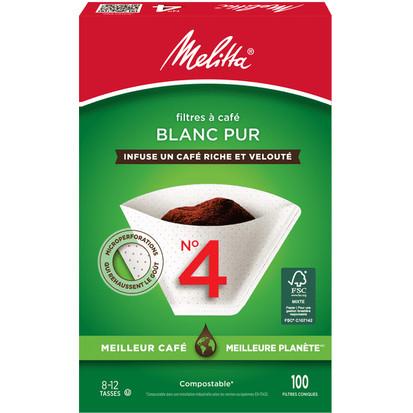Melitta Filtres à café coniques no 4 en papier blanc, boîte de 100 filtres