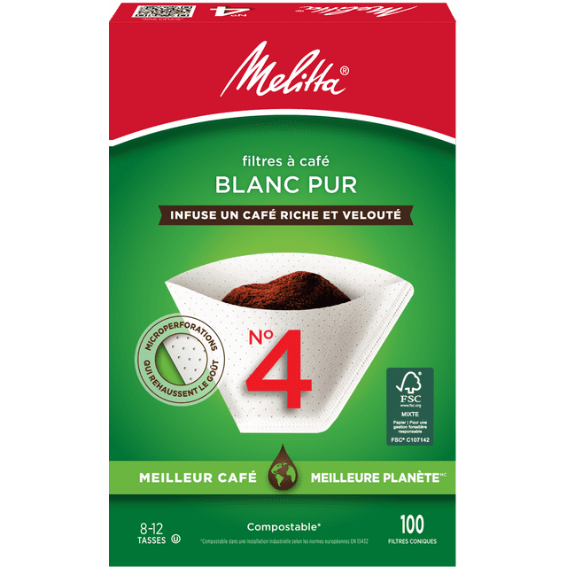 Melitta Pure White Coffee Filters No 4 featuring cone-shaped white filters with microperforations to enhance coffee flavor, compostable and FSC certified, suitable for 8-12 cup coffee makers, 100 filters per box with French packaging text.