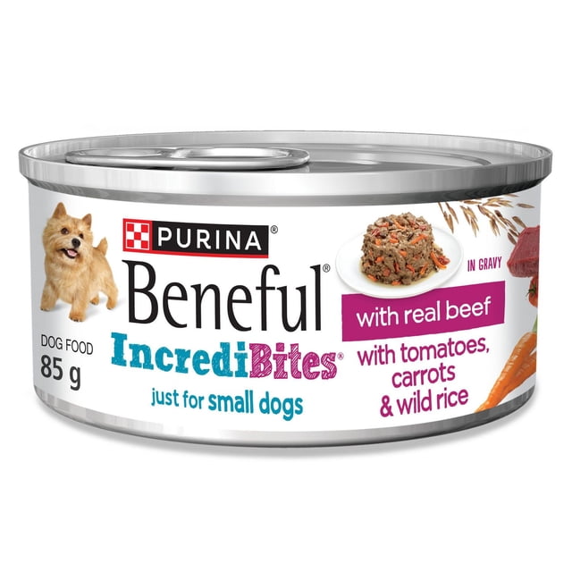 Beneful Incredibites In Gravy with Real Beef, Wet Dog Food 85 g can featuring a small dog image, highlighting real beef, tomatoes, carrots, and wild rice ingredients, with a photo of tender wet dog food bites in gravy on a white plate, ideal for adult small dogs needing protein-rich nutrition.