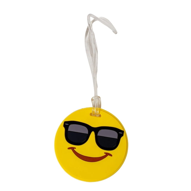 Jetstream® Identification Luggage Tag, Travel ID tag with a round yellow emoji face wearing black sunglasses and a smile, attached by a clear flexible strap, designed as a durable travel accessory for easy luggage identification.