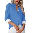 thumbnail image 2 of Besolor Button Down Shirts for Women Solid Color Long Sleeve Colared Tops Loose Office Blouses for Casual Work, 2 of 5
