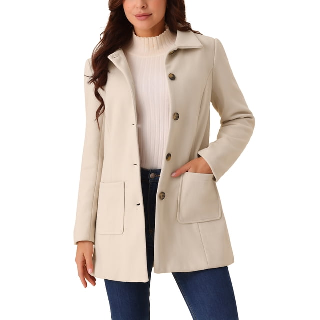 Unique Bargains Manteau d'Hiver pour Femmes Mi-Long Décontracté Col Cranté Simple Boutonnage Beige L
